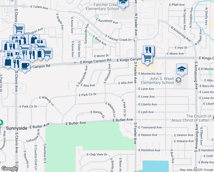 map of restaurants, bars, coffee shops, grocery stores, and more near 5910 East Alta Avenue in Fresno