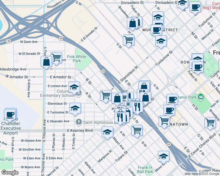 map of restaurants, bars, coffee shops, grocery stores, and more near 1510 C Street in Fresno