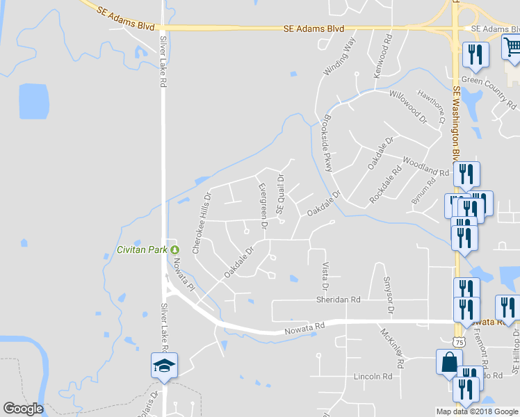 map of restaurants, bars, coffee shops, grocery stores, and more near 1361 Evergreen Drive in Bartlesville