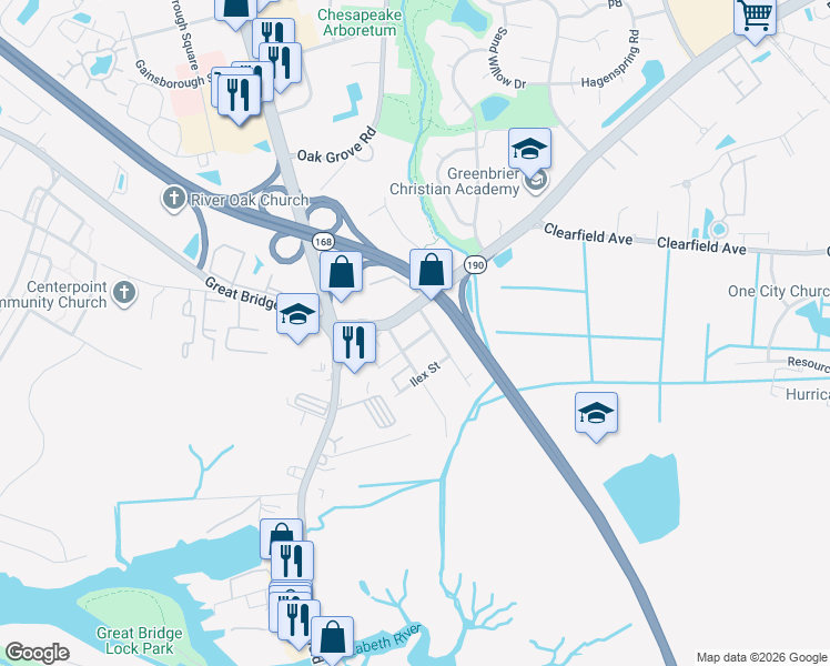 map of restaurants, bars, coffee shops, grocery stores, and more near 202 Taxus Street in Chesapeake