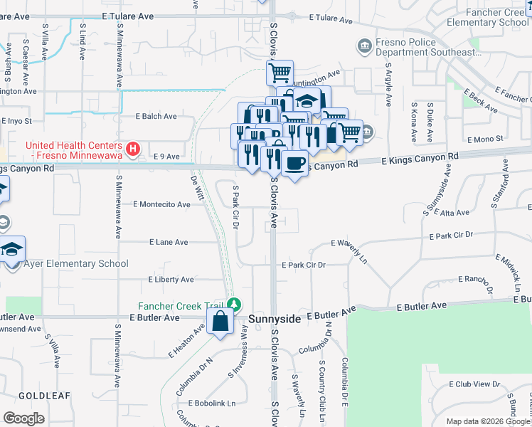 map of restaurants, bars, coffee shops, grocery stores, and more near 912 S Clovis Ave in Fresno
