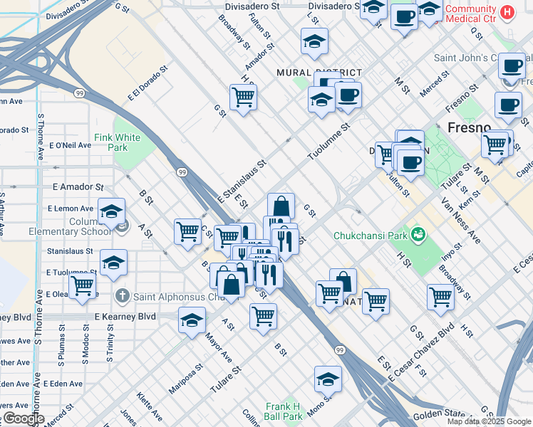 map of restaurants, bars, coffee shops, grocery stores, and more near 1420 Tuolumne Street in Fresno