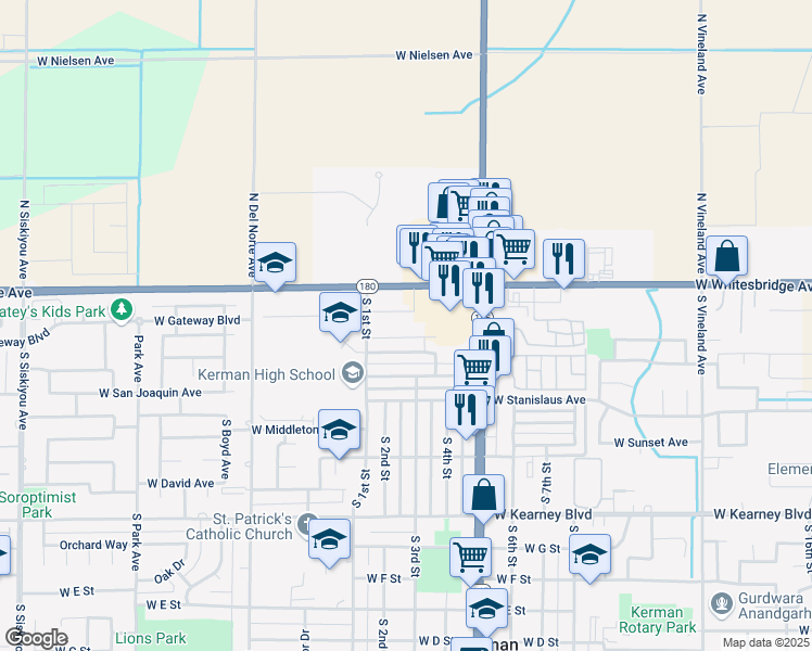 map of restaurants, bars, coffee shops, grocery stores, and more near 150 South 1st Street in Kerman