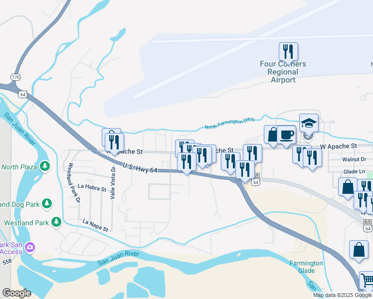 map of restaurants, bars, coffee shops, grocery stores, and more near 2114 West Apache Street in Farmington
