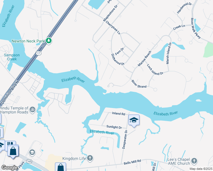 map of restaurants, bars, coffee shops, grocery stores, and more near 104 Marina Reach in Chesapeake