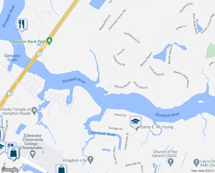 map of restaurants, bars, coffee shops, grocery stores, and more near 104 Marina Reach in Chesapeake