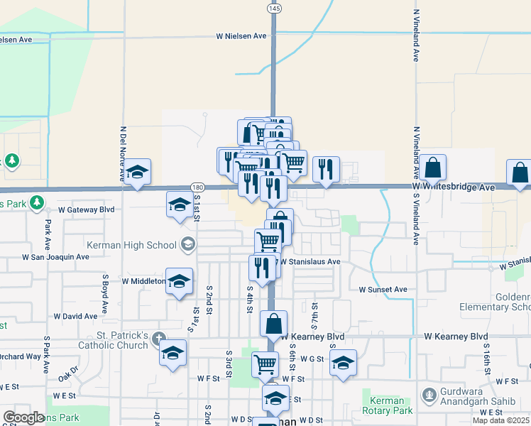 map of restaurants, bars, coffee shops, grocery stores, and more near 170 South Madera Avenue in Kerman