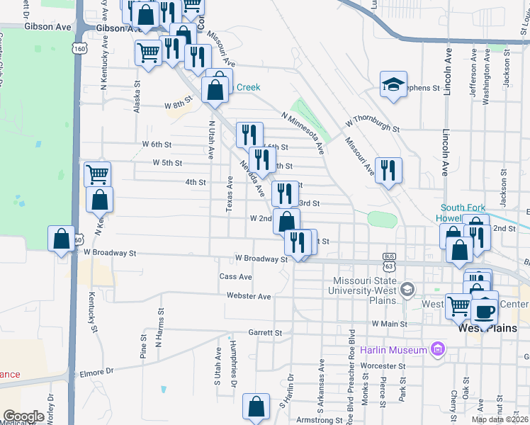 map of restaurants, bars, coffee shops, grocery stores, and more near 1101-1199 West 2nd Street in West Plains