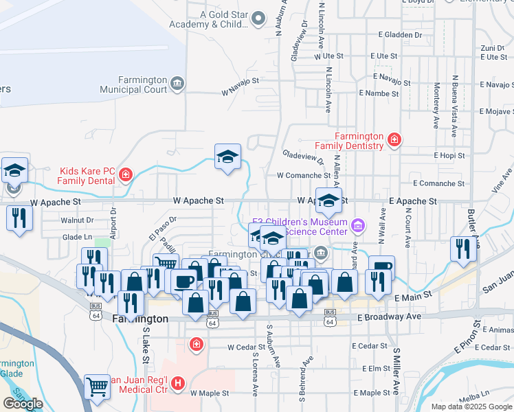 map of restaurants, bars, coffee shops, grocery stores, and more near 411 North Lorena Avenue in Farmington