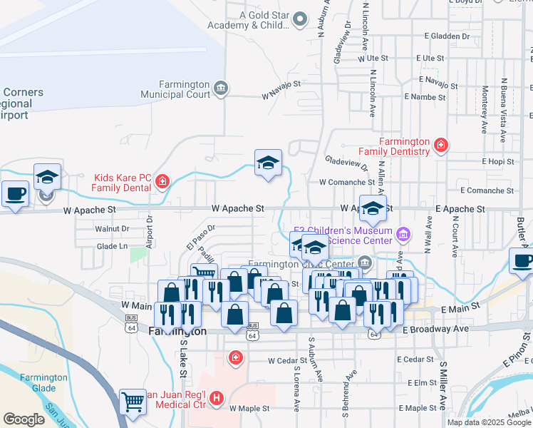 map of restaurants, bars, coffee shops, grocery stores, and more near 611 West Apache Street in Farmington