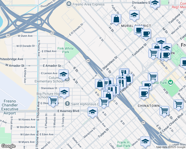 map of restaurants, bars, coffee shops, grocery stores, and more near 1510 C Street in Fresno