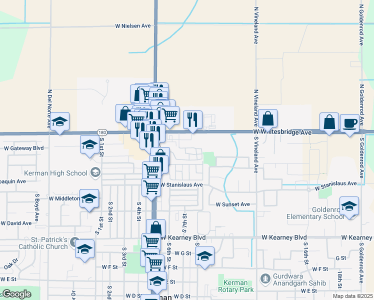 map of restaurants, bars, coffee shops, grocery stores, and more near 166 South Madera Avenue in Kerman