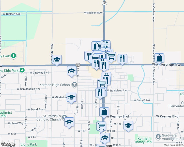 map of restaurants, bars, coffee shops, grocery stores, and more near 15051 West Whitesbridge Avenue in Kerman