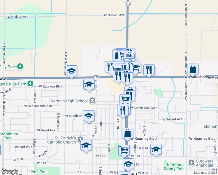 map of restaurants, bars, coffee shops, grocery stores, and more near 150 South 1st Street in Kerman