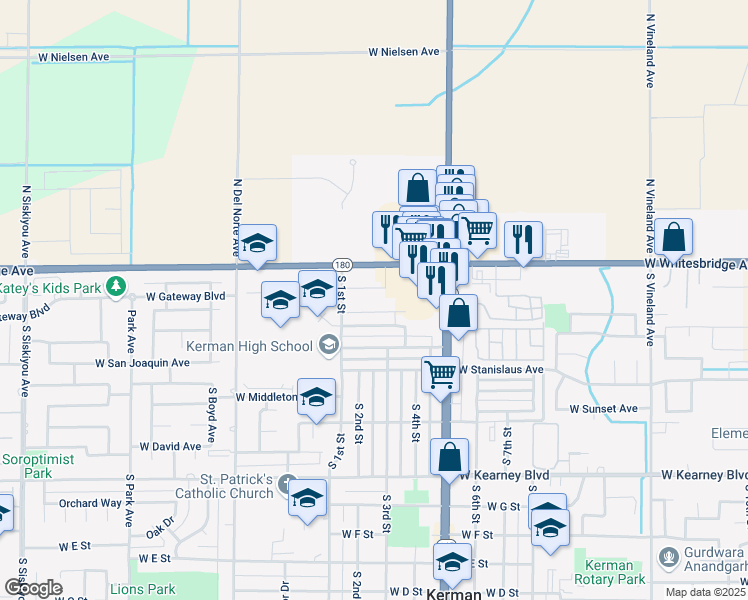 map of restaurants, bars, coffee shops, grocery stores, and more near 150 South 1st Street in Kerman