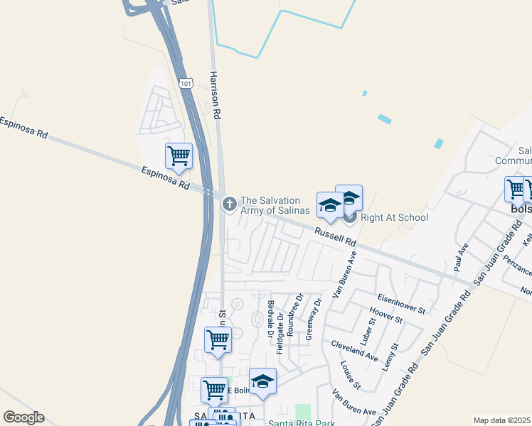map of restaurants, bars, coffee shops, grocery stores, and more near 113 Bahia Avenue in Salinas