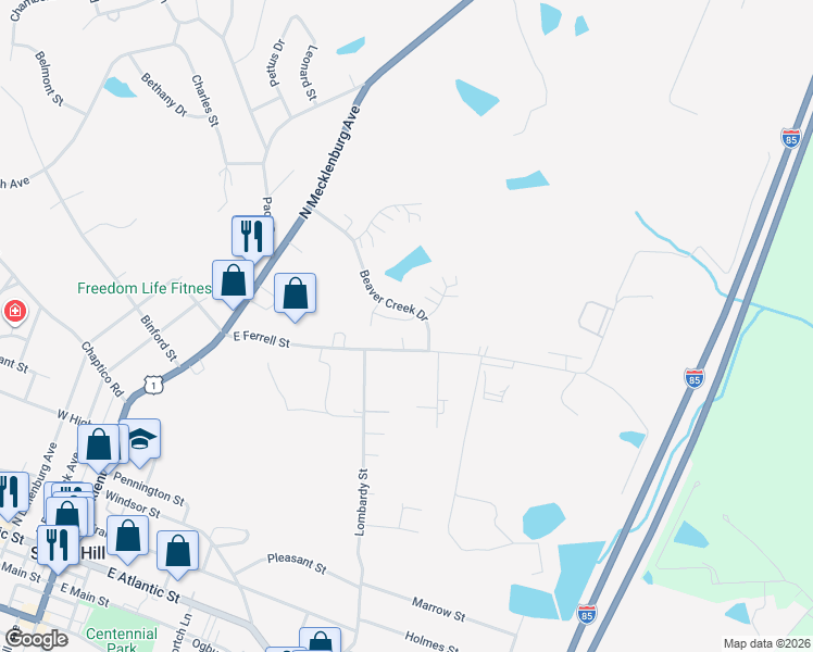 map of restaurants, bars, coffee shops, grocery stores, and more near 262 Beaver Creek Drive in South Hill
