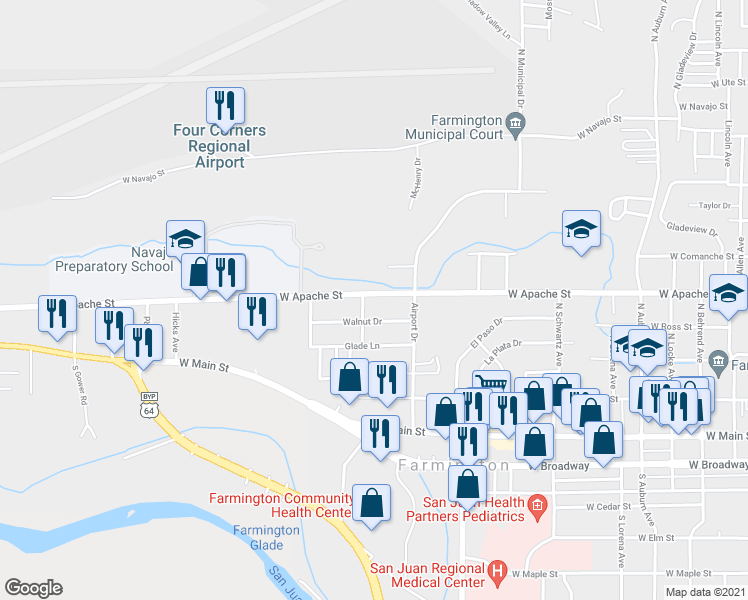 map of restaurants, bars, coffee shops, grocery stores, and more near 913 West Apache Street in Farmington