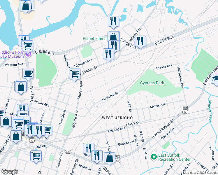 map of restaurants, bars, coffee shops, grocery stores, and more near 1104 Bethlehem Street in Suffolk