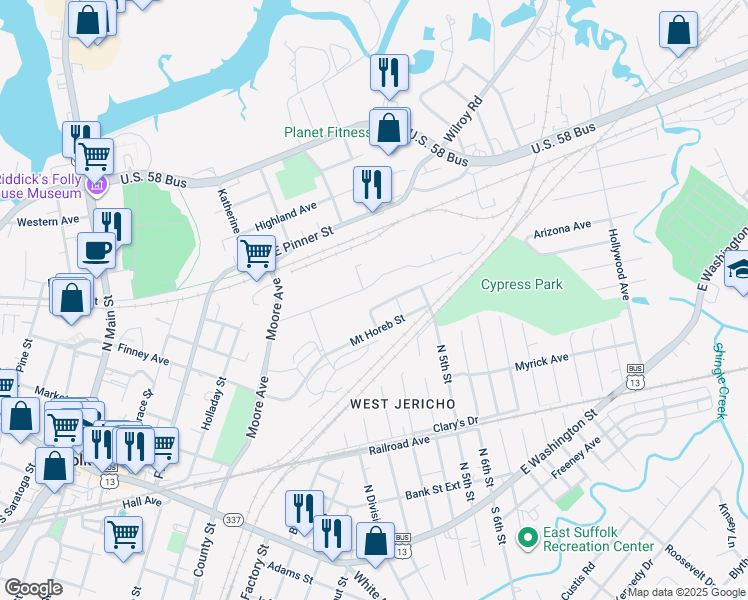 map of restaurants, bars, coffee shops, grocery stores, and more near 1104 Bethlehem Street in Suffolk
