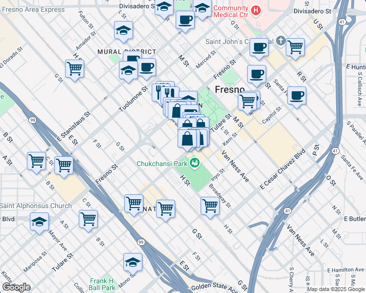 map of restaurants, bars, coffee shops, grocery stores, and more near 1919 Tulare Street in Fresno