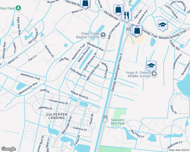map of restaurants, bars, coffee shops, grocery stores, and more near 3117 White Tail Court in Chesapeake