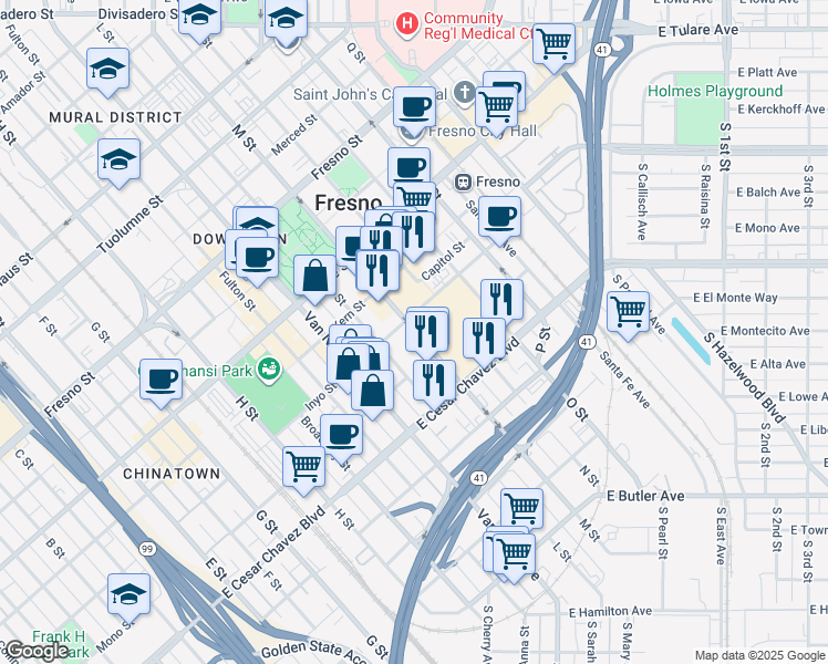 map of restaurants, bars, coffee shops, grocery stores, and more near in Fresno
