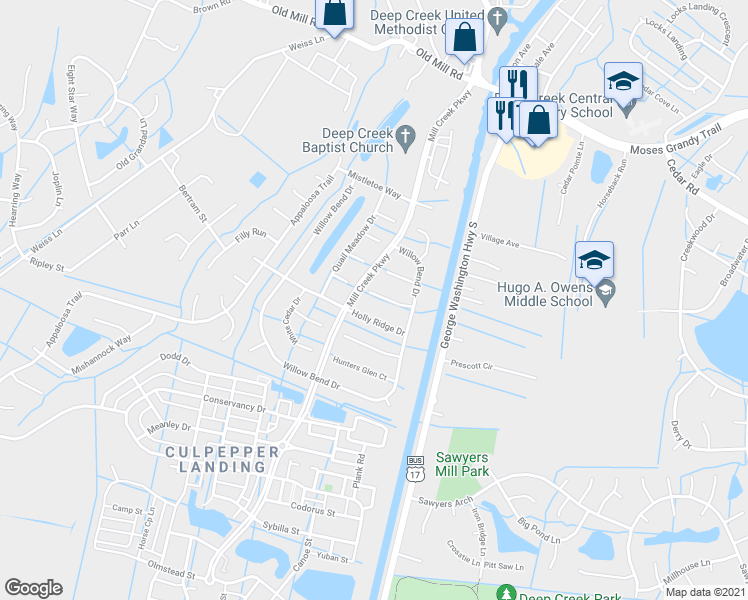 map of restaurants, bars, coffee shops, grocery stores, and more near 3117 White Tail Court in Chesapeake