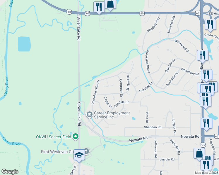 map of restaurants, bars, coffee shops, grocery stores, and more near 1358 Cherokee Hills Court in Bartlesville