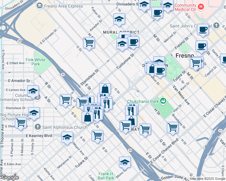 map of restaurants, bars, coffee shops, grocery stores, and more near 1510 Merced Street in Fresno
