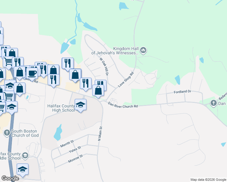 map of restaurants, bars, coffee shops, grocery stores, and more near 2247 Love Shop Road in Halifax