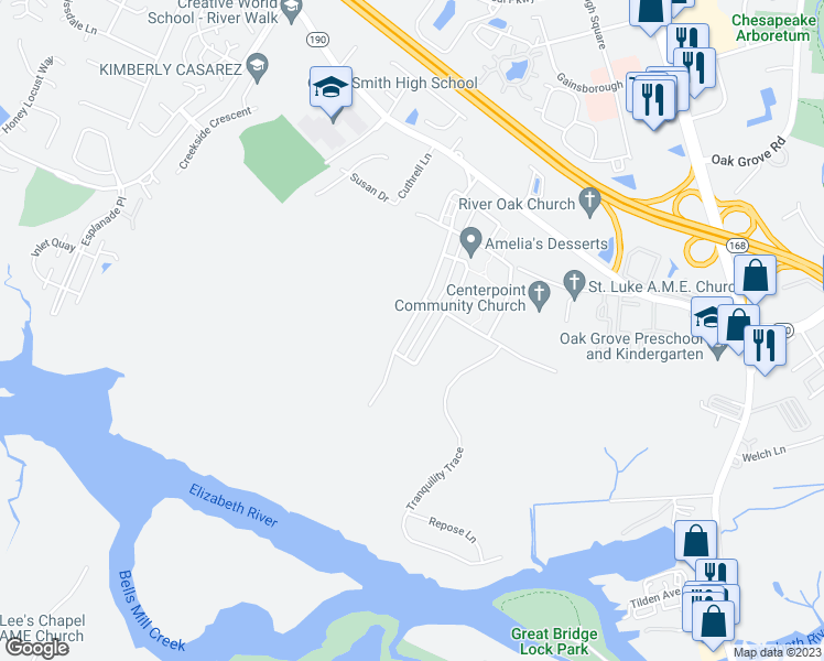 map of restaurants, bars, coffee shops, grocery stores, and more near 311 Preservation Reach in Chesapeake
