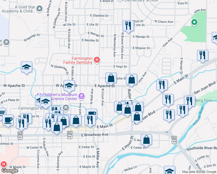 map of restaurants, bars, coffee shops, grocery stores, and more near 321 North Loma Linda Avenue in Farmington