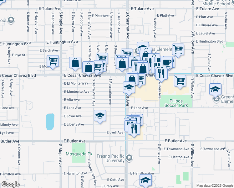 map of restaurants, bars, coffee shops, grocery stores, and more near 4779 East Alta Avenue in Fresno