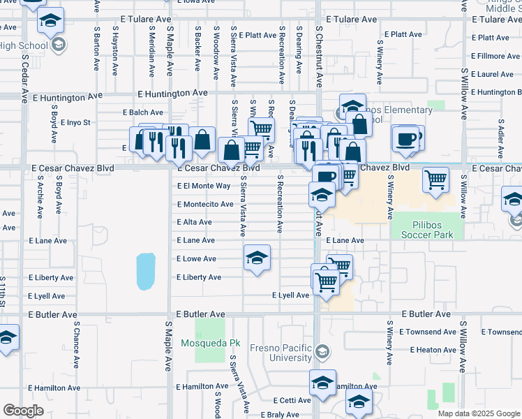 map of restaurants, bars, coffee shops, grocery stores, and more near 4711 East Alta Avenue in Fresno