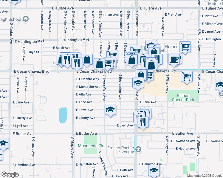 map of restaurants, bars, coffee shops, grocery stores, and more near 4711 East Alta Avenue in Fresno