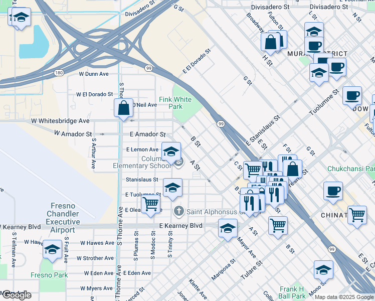 map of restaurants, bars, coffee shops, grocery stores, and more near 1660 A Street in Fresno