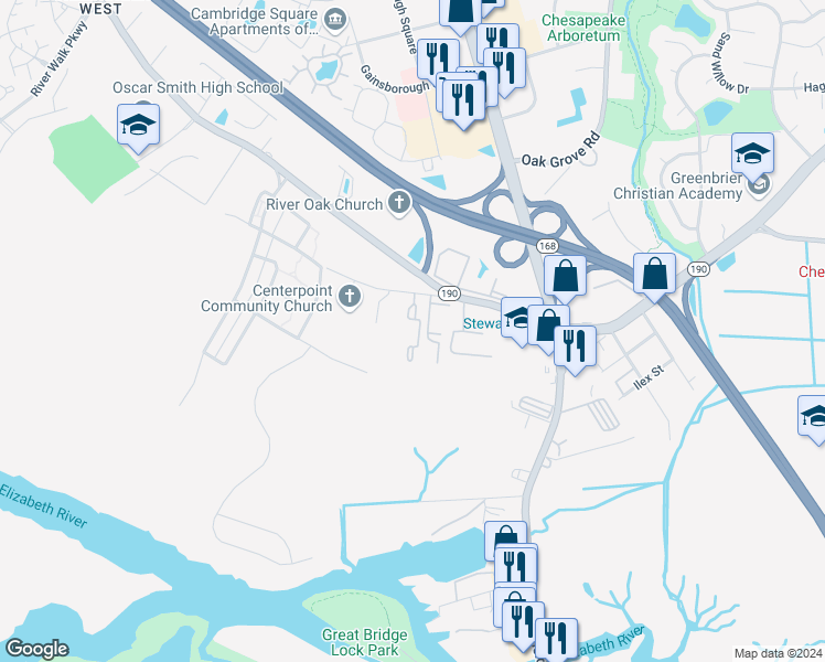 map of restaurants, bars, coffee shops, grocery stores, and more near 241 Saint Lukes Church Road in Chesapeake