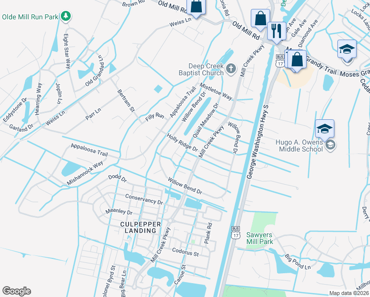 map of restaurants, bars, coffee shops, grocery stores, and more near 3216 Holly Ridge Court in Chesapeake
