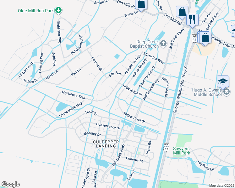 map of restaurants, bars, coffee shops, grocery stores, and more near 649 Willow Bend Drive in Chesapeake