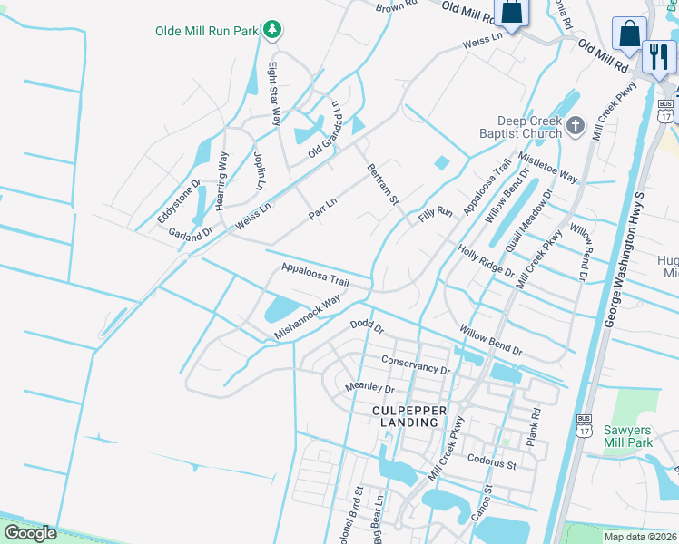 map of restaurants, bars, coffee shops, grocery stores, and more near 507 Appaloosa Trail in Chesapeake