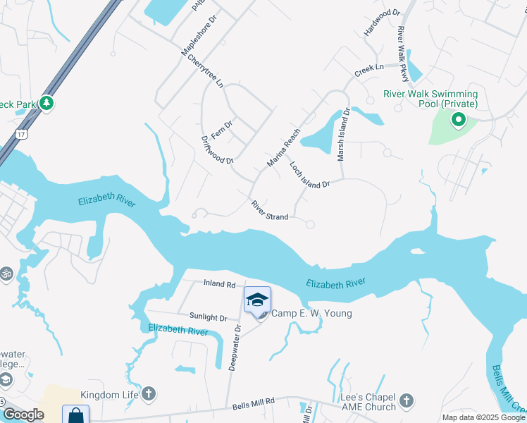 map of restaurants, bars, coffee shops, grocery stores, and more near 713 River Strand in Chesapeake