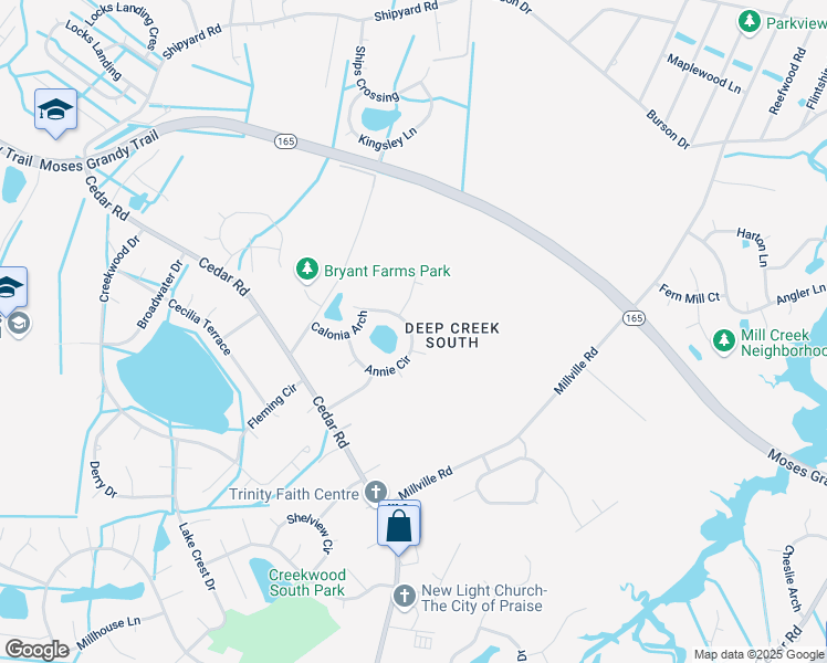 map of restaurants, bars, coffee shops, grocery stores, and more near 2425 Annie Circle in Chesapeake