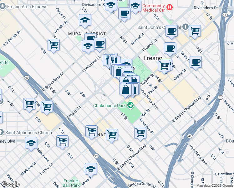 map of restaurants, bars, coffee shops, grocery stores, and more near 1900 Mariposa Mall in Fresno