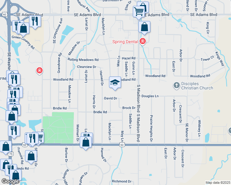 map of restaurants, bars, coffee shops, grocery stores, and more near 5100 David Drive in Bartlesville