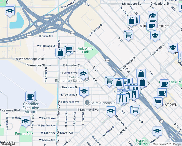 map of restaurants, bars, coffee shops, grocery stores, and more near 1660 A Street in Fresno