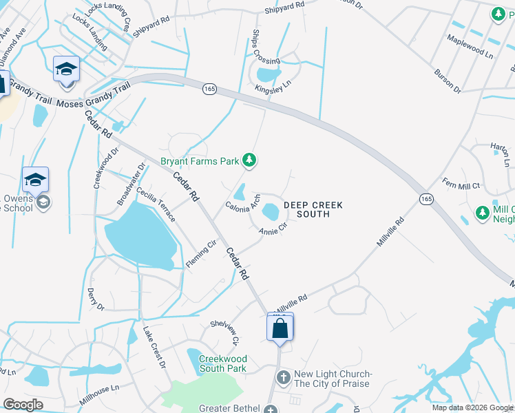 map of restaurants, bars, coffee shops, grocery stores, and more near 2508 Calonia Arch in Chesapeake