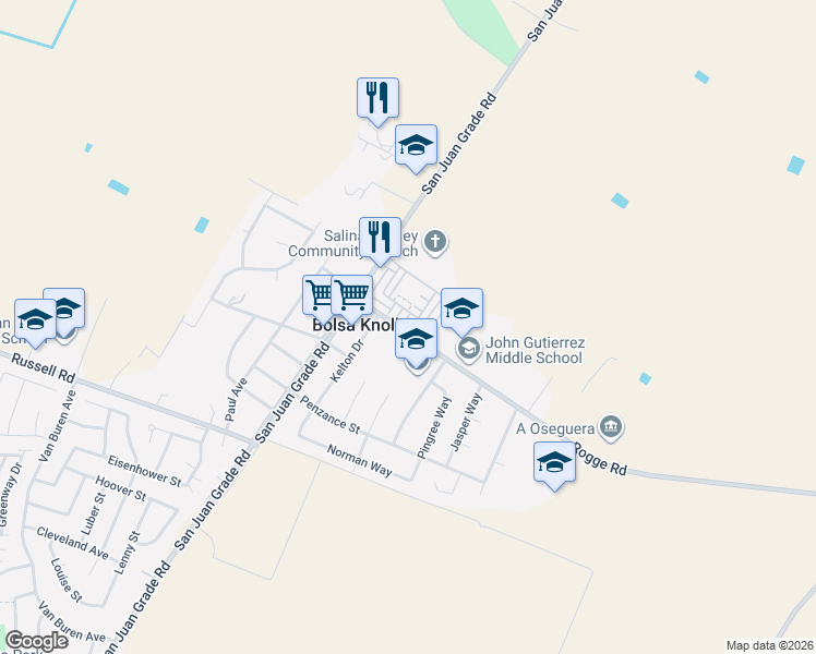 map of restaurants, bars, coffee shops, grocery stores, and more near 915 Rogge Road in Salinas