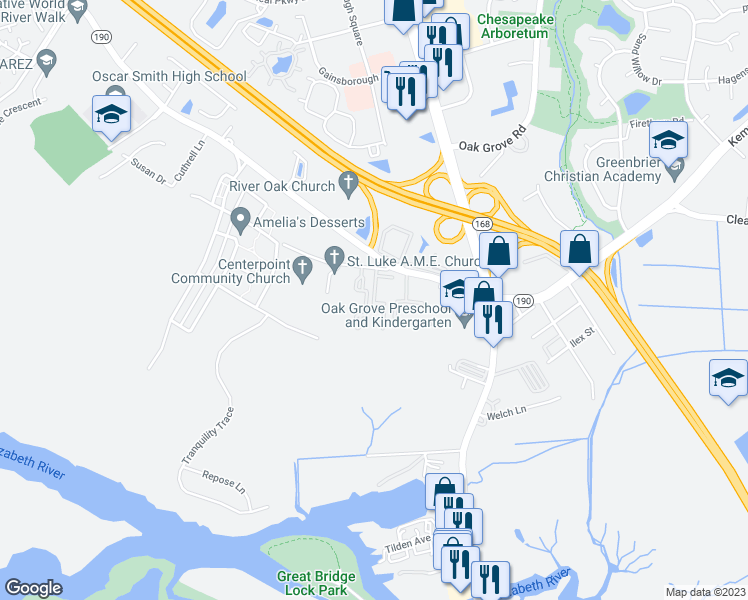 map of restaurants, bars, coffee shops, grocery stores, and more near 453 Nicholas Court in Chesapeake