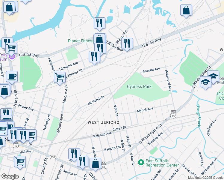map of restaurants, bars, coffee shops, grocery stores, and more near 400 North 5th Street in Suffolk